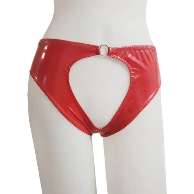 Red Patent Leather Sexy Lingerie Women's Open Crotch Metal Buckle Triangle Pants Nightclub Fashion Panty Underwear