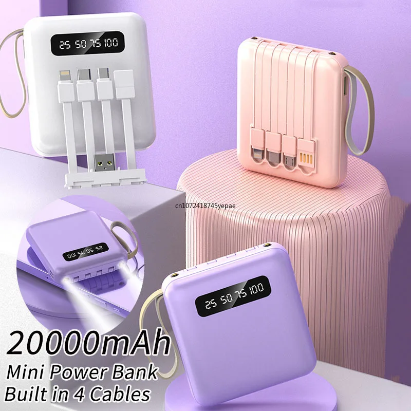 

20000 мАч Mini Power Bank, внешний аккумулятор, портативное зарядное устройство с кабелями для iPhone, Samsung, Huawei, Xiaomi, быстрая зарядка Powerbank