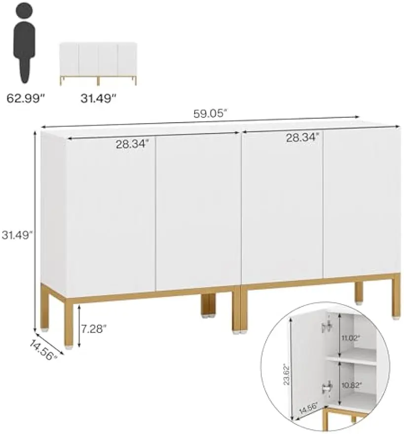 Ensemble d'armoires de planche de bois modernes, armoire de rangement de 59 pouces avec 4 portes, buffet autoportant avec étagères réglables pour salon