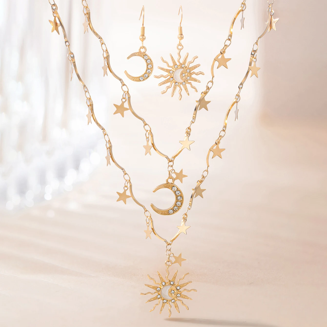 خمر الإبداعية الشمس القمر قلادة غير المتماثلة القرط مكدسة قلادة نجوم المختنق المرأة اليومية يؤرخ مجوهرات الزفاف مجموعة هدية