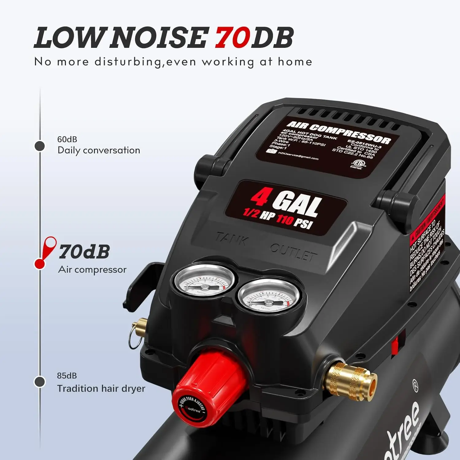 

Portable Air Compressor, 4 Gallon Max 110PSI Oil Free Air Compressor Tank, 0.5HP Motor 0.6SCFM@90 PSI,Factory Direct Sales