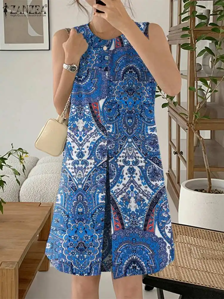 

Bohemian Printed Mini Dress Fashion Sleeveless Tank Sundress ZANZEA Summer 2024 Women Pleats Robes Casual Pocket O-neck Vestidos