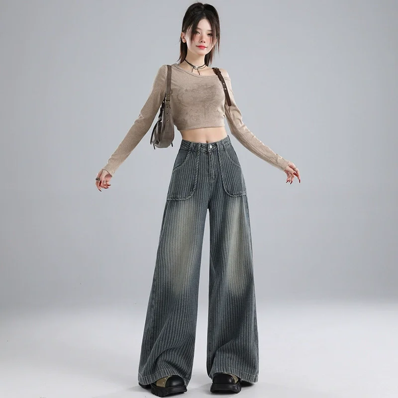 Tesco y2k Women's pants High Waist Vintage Jeans with Patch Pockets baggy jeans Acid Wash Striped jeans Wide Leg Pants