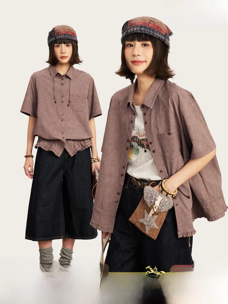 

Retro Sle Loose Fit Dyed irt with Lace Hem ort Sve Women's Breathable Polyester Summer Top Vintage Flared irt