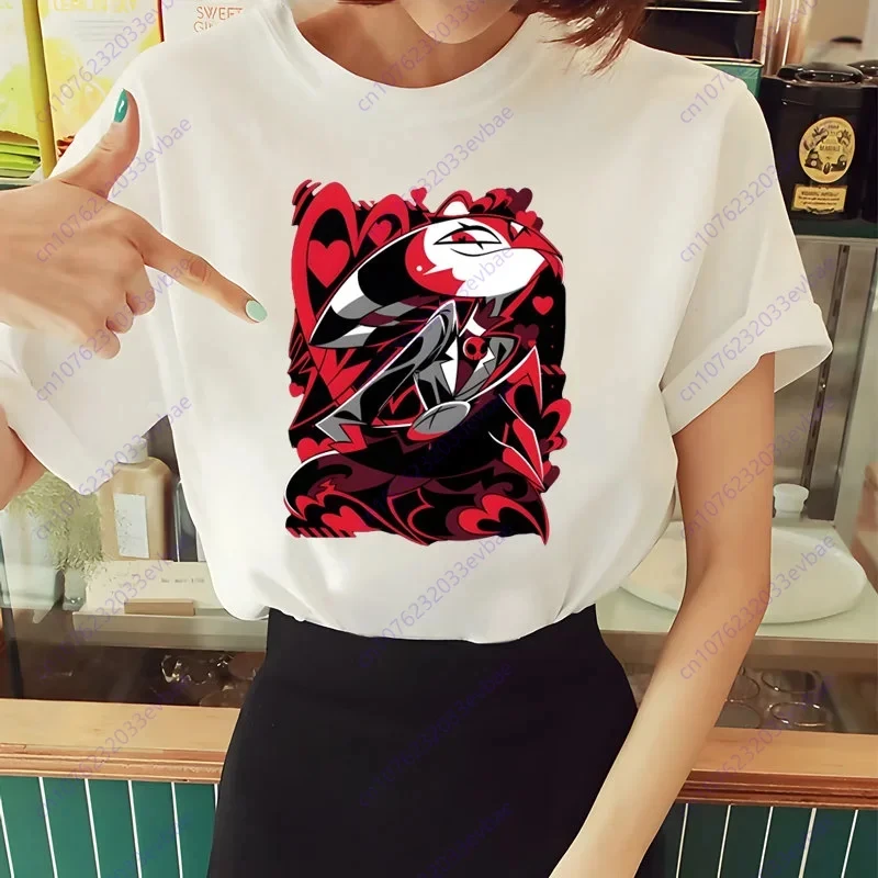 المرأة Helluva Boss تي شيرت الصيف القطن قصير الأكمام تي شيرت مطبوع مضحك خمر Harajuku قمم تي شيرت السيدات الشارع الشهير