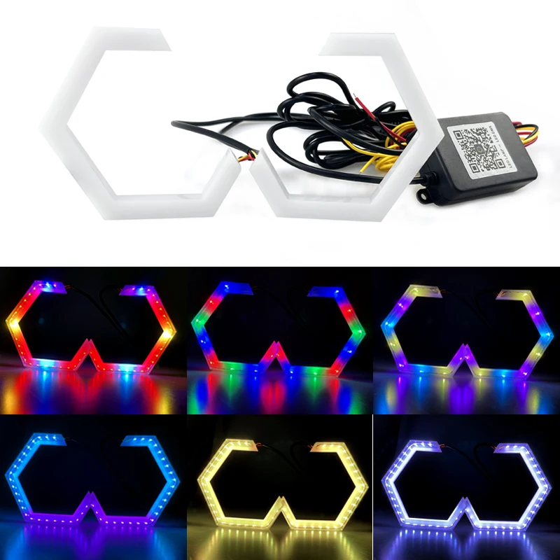 2PCS 12V/24V RGB APP di Controllo Esagonale Angel Eyes Halo Anelli Retrofit Faro Auto Moto Bianco DRL + Ambra Indicatore di direzione