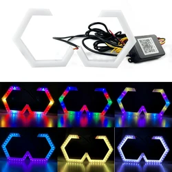 2PCS 12V/24V RGB APP Control Hexagon Angel Eyes Halo Rings Retrofit Headlight Car Motorcycle White DRL+Amber Turn Signal Light