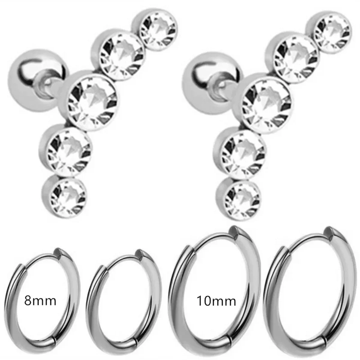 6pcs Fashion Novelty Stainless Steel Cyrstal Tragus Stud Earrings Set,Helix Cartilage Huggie Hoops Circle Ear Piercing Jewelry