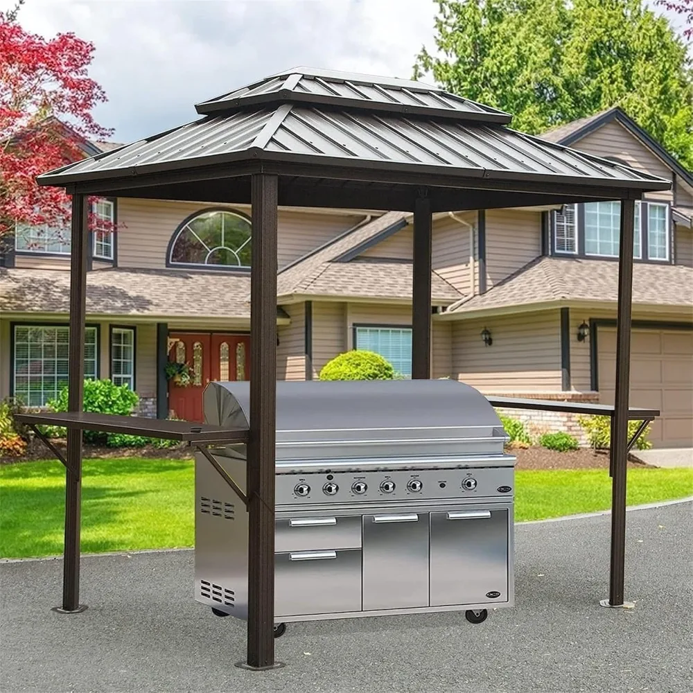 8'X6' Grill Gazebo Hardtop,Steel Grill Gazebo with Two Shelves Tables,Double Roof Hard Top Gazebo,Heavy Duty Aluminum BBQ Gazebo