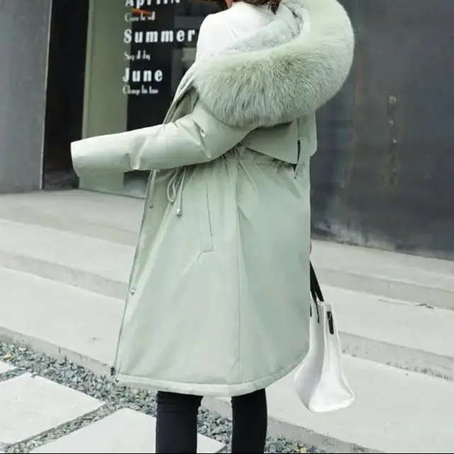 

Women's Winter Cotton Jacket 2023 Mid-Length Korean Style with Large Fur Collar And Fleece Lining Quilted Coat Outerwear