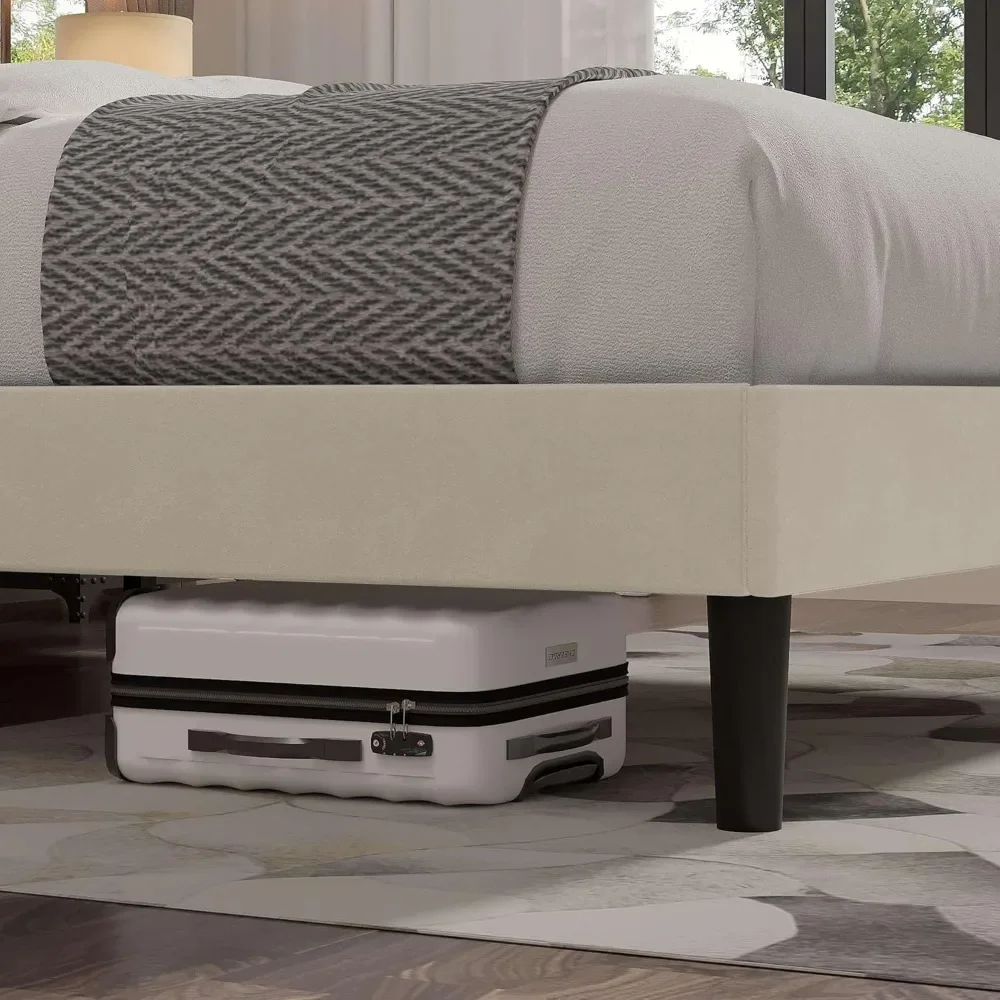 إطار سرير بحجم كوين مع لوح رأسي منجد، كريم أساس مرتبة بإطار سرير، دعم شريحة خشبية قوية، لا حاجة إلى صندوق زنبركي