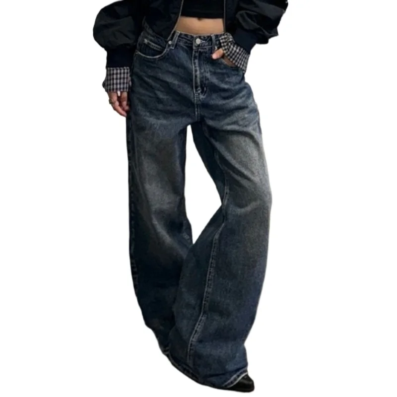 유럽과 미국 스타일 키 큰 여성용 가을 루즈핏 다용도 슬림 스트레이트 와이드 레그 롱진 (별 자수)