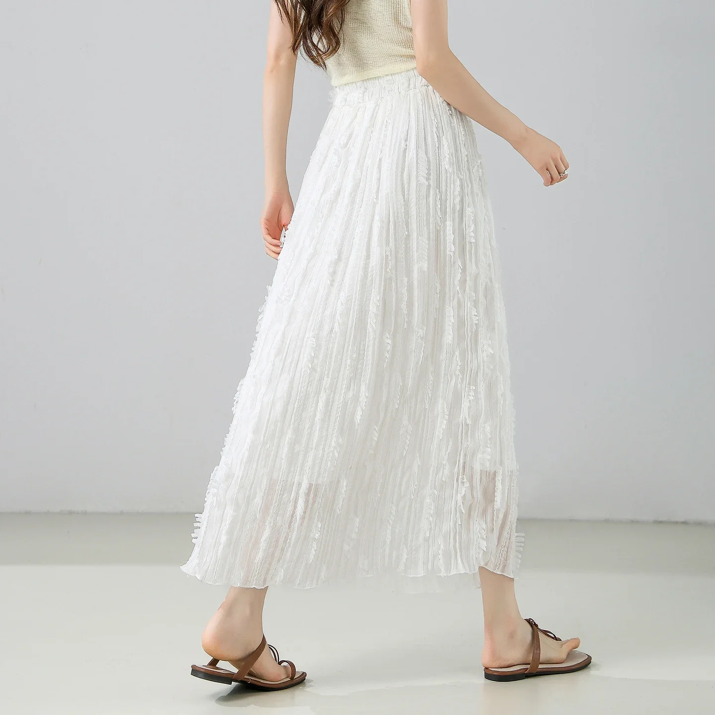 SENTUBILA White Long Skirts for Women 2026 Summer 3D Textured Pleated Elastic Waist A-Line Maxi Skirt Woman Clothes Q62QB7207
