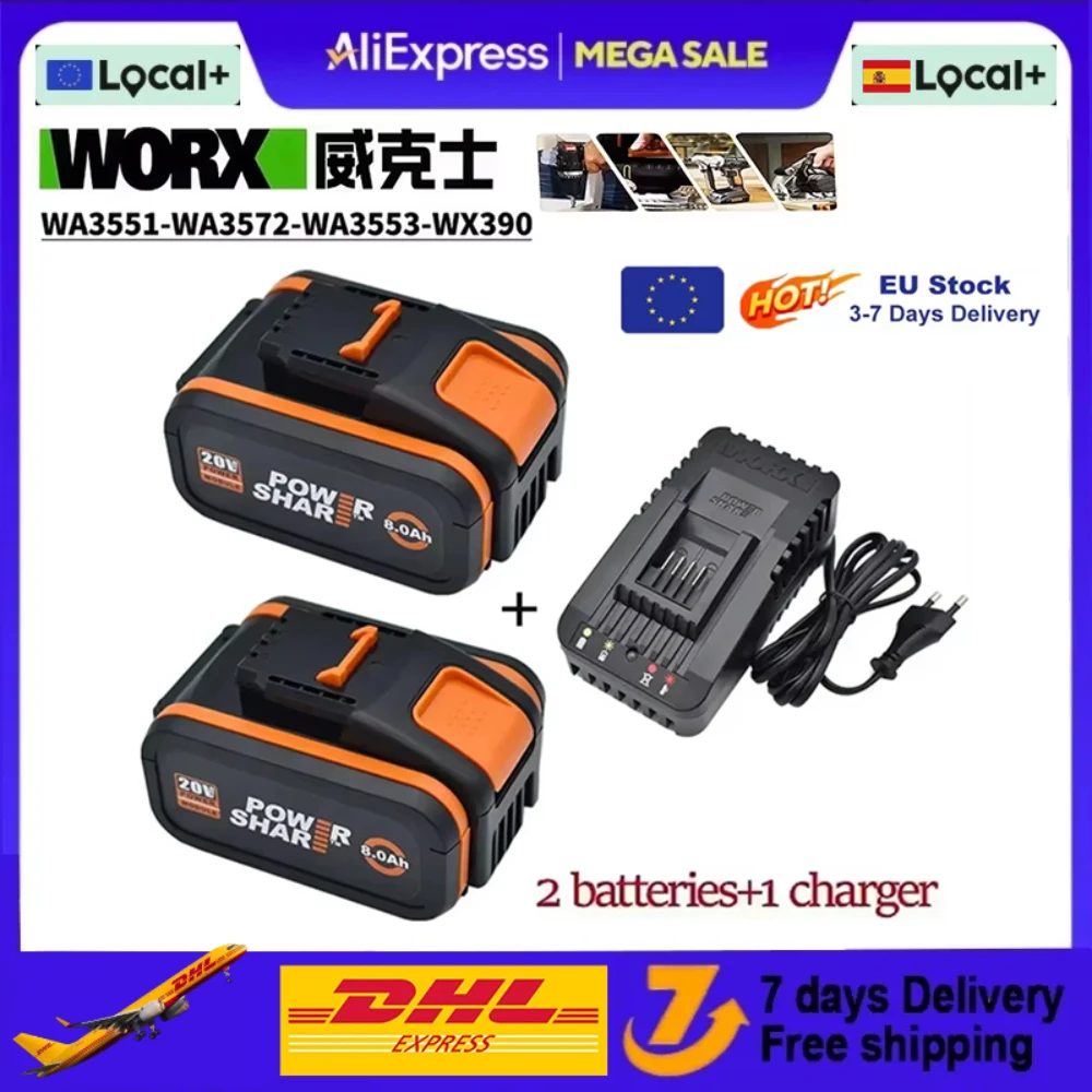 Worx Batteria ricaricabile al litio originale da 20 V 8,0 Ah per WA3553 WA3551 WA3553.1 WA3570 e tutti gli attrezzi elettrici e da giardino WORX