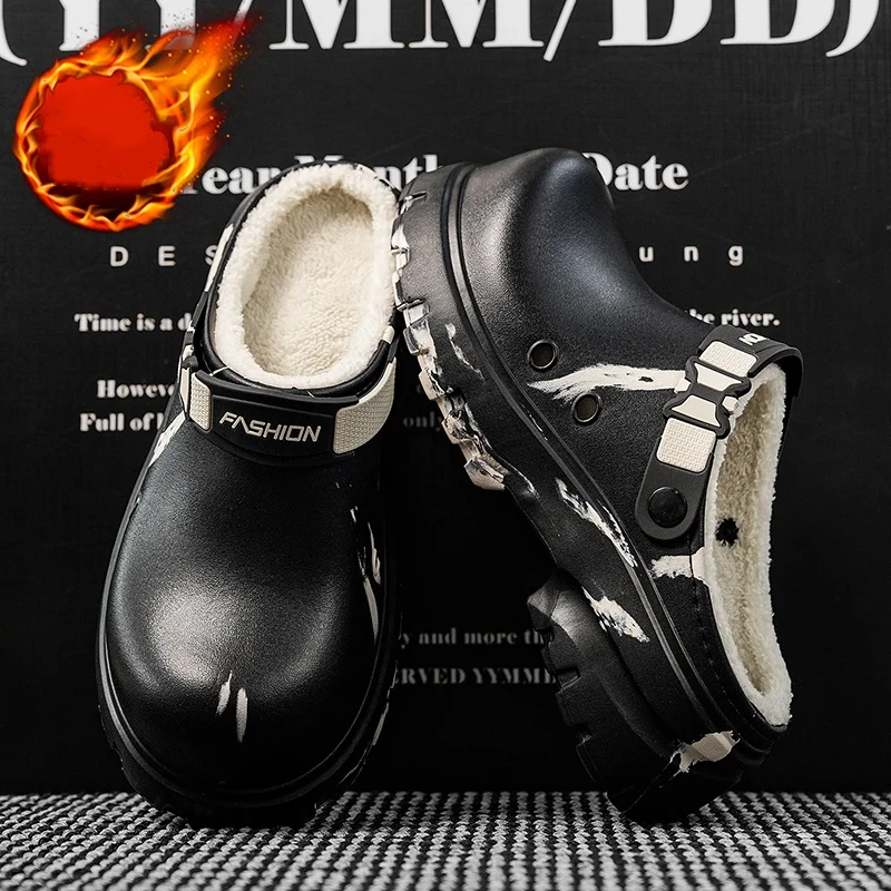 Autumn and Winter Thickened Plush Closed-Toe Cotton Slippers for Couples, Featuring Unique Ink Print, Eva Outer Shell, Wear-Resistant