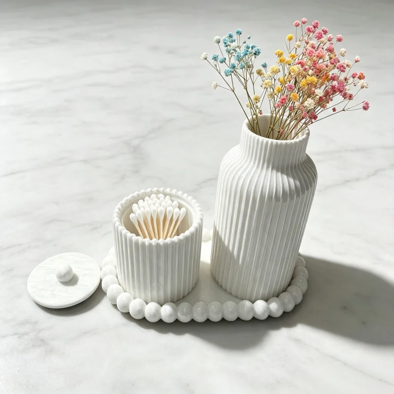 Light Luxury Beaded Edge Tray Toiletry Set, White Vertical-Striped Dried Flower Vase + Cotton Swab Storage Jar with Lid, Exquisite Bathroom Countertop Storage Ornament, Decorative Home Decor for Vanity Table