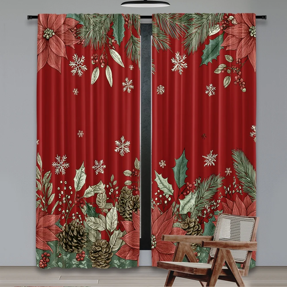2pcs 2D flat printing Scene Curtains Christmas Poinsettia Snowflakes Pinecones Holly 100% Polyester Fabric Without Electricity 0