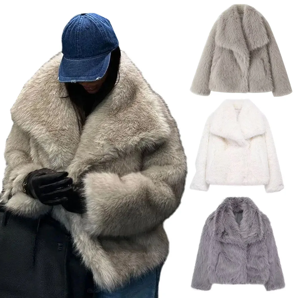 

Женское элегантное пальто из искусственного меха, теплая пушистая свободная куртка с длинными рукавами и лацканами, осенне-зимняя модная уличная женская верхняя одежда