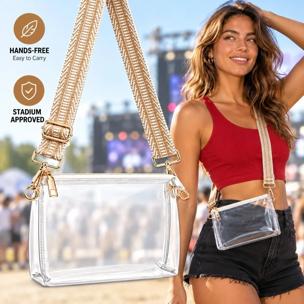 Portable Plastic Clear Crossbody Bag Zipper Closure Transparent Stadium Bag Adjustable Removable Handbag Concerts