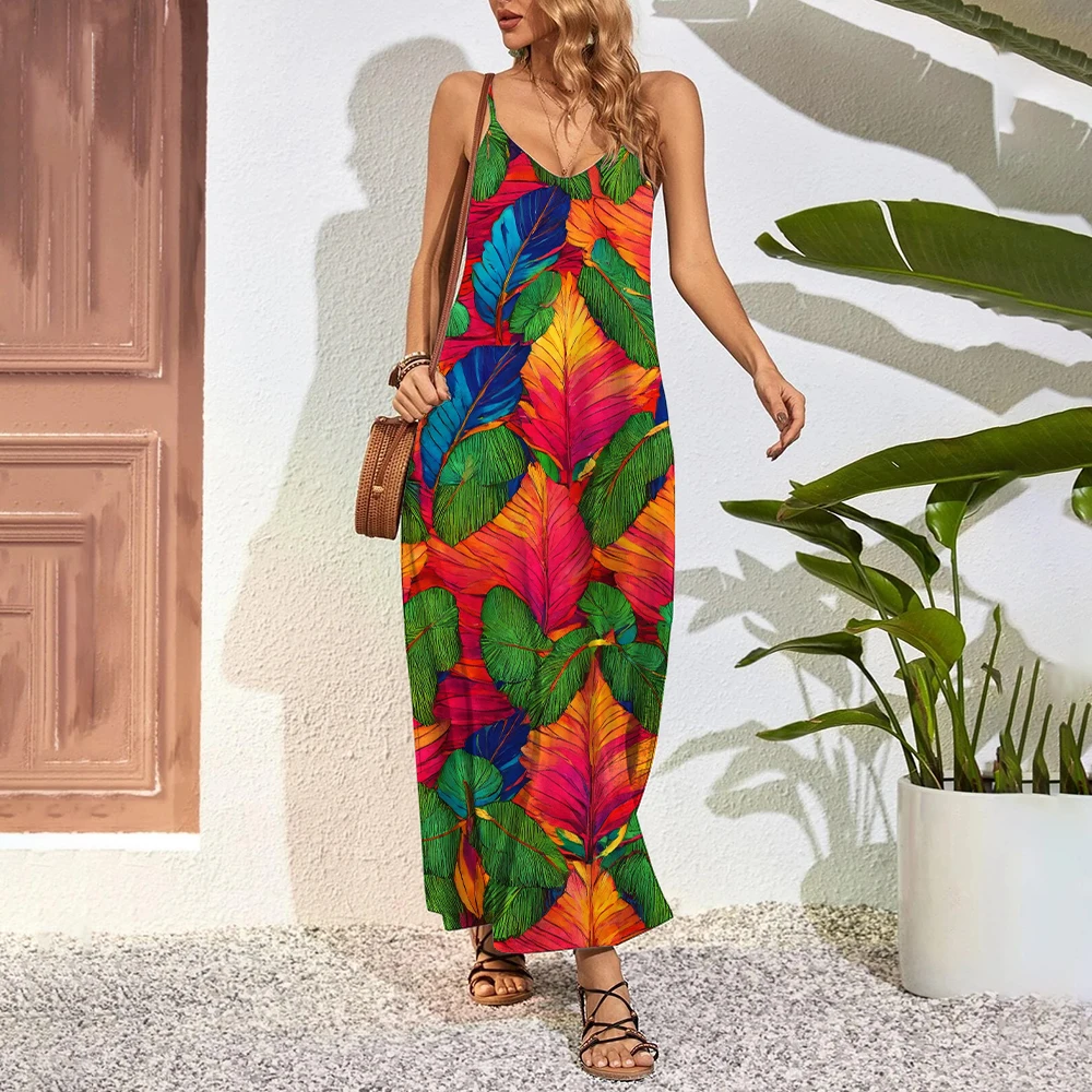 

Hawaii Maxi Dresses Women's Summer Backless Beachwear Daywear Boho Multicolor Wedding Dresses Fashion Colorful Feather Prints