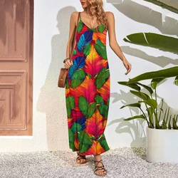 Hawaii Maxi Dresses Women's Summer Backless Beachwear Daywear Boho Multicolor Wedding Dresses Fashion Colorful Feather Prints