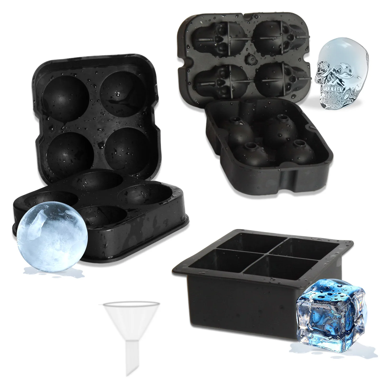 2/3 Grid Silicone Ice Cube Tray With Lid and Funnel Sphere Square Skull Shaped Ice Ball Maker Mold for Whiskey Coffee Bourbon