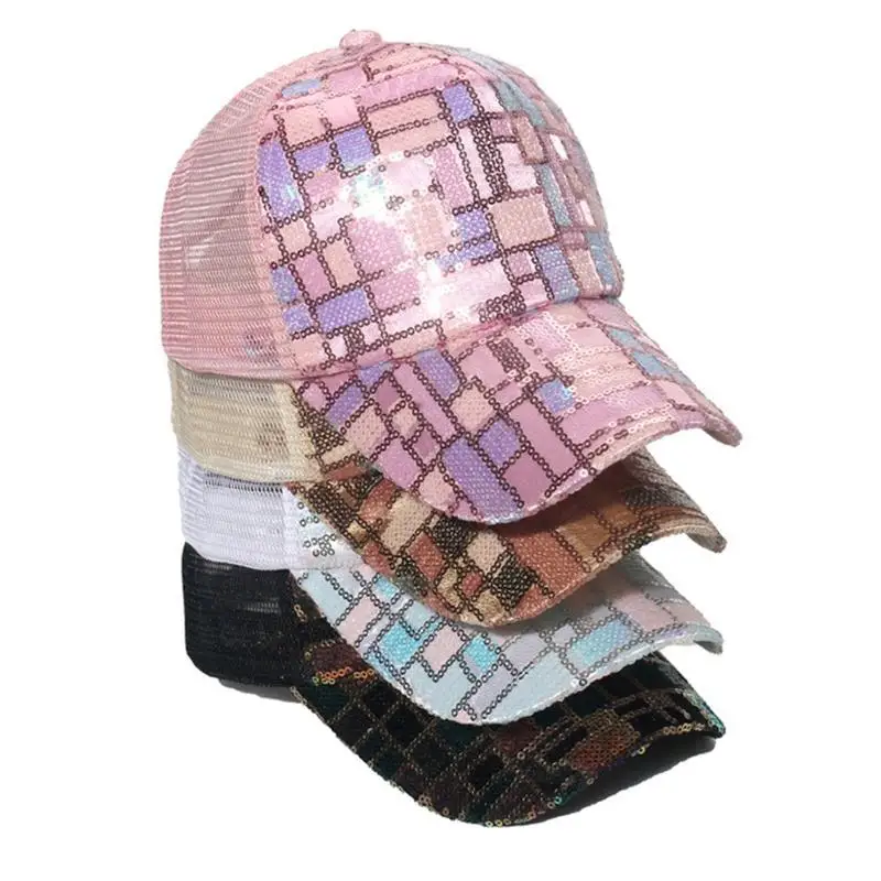 39BD Spring Summer Sequins Outdoor Leisure for Sun Baseball Cap Women Polyester Fiber Breathable Sequins Adjustable Cycling C