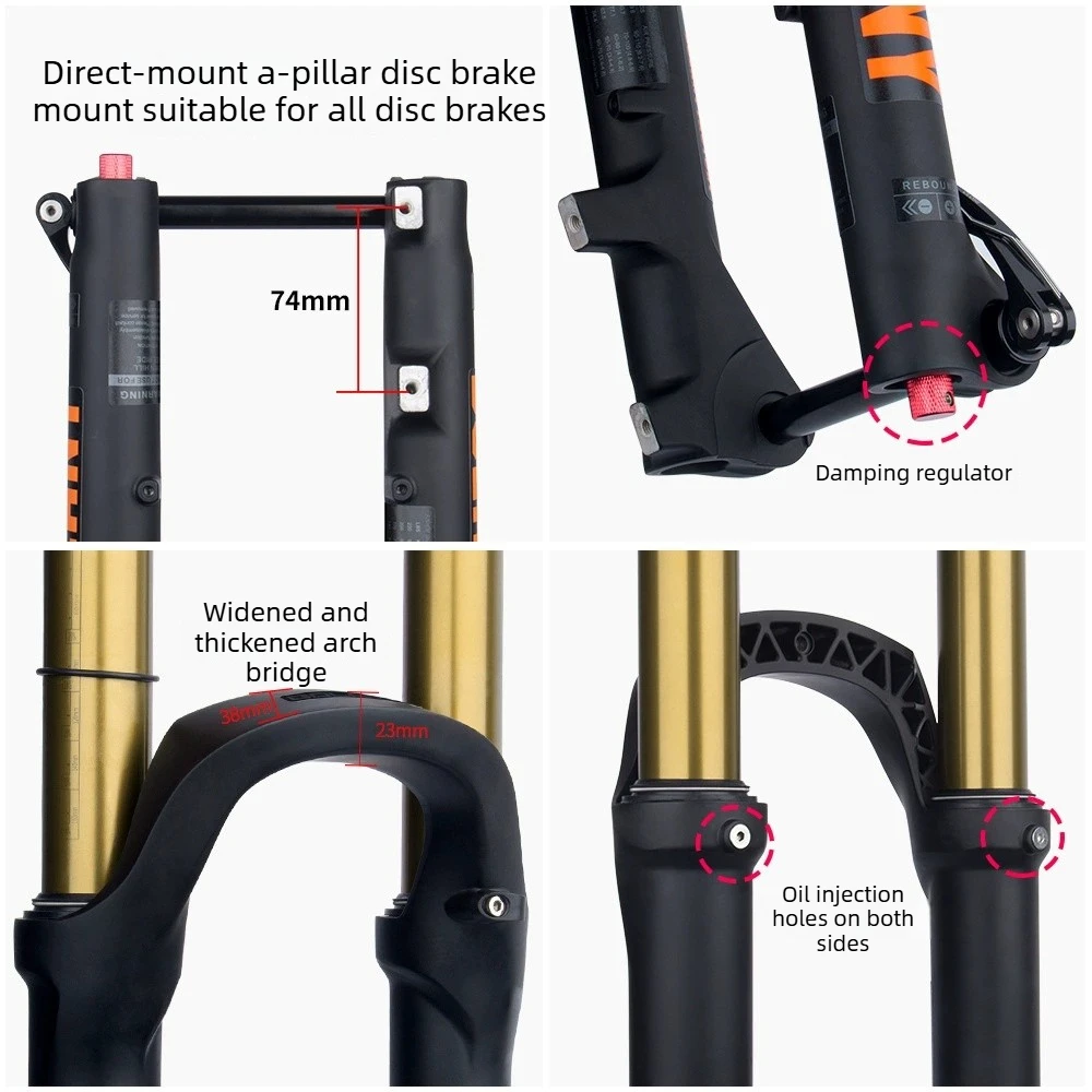 Bolany 산악 자전거 포크 160/175mm 스트로크 합금 원추형 튜브 포크 27.5/29 댐핑 배럴 액슬 충격 흡수 장치 스루 액슬 115*110