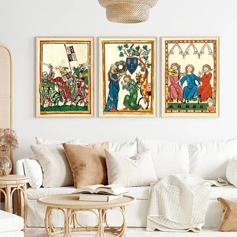 Medieval Antique European Art Posters Lovers on Horse Prints Canvas Printing Retro Wall Picture for Living Room Home Decoration