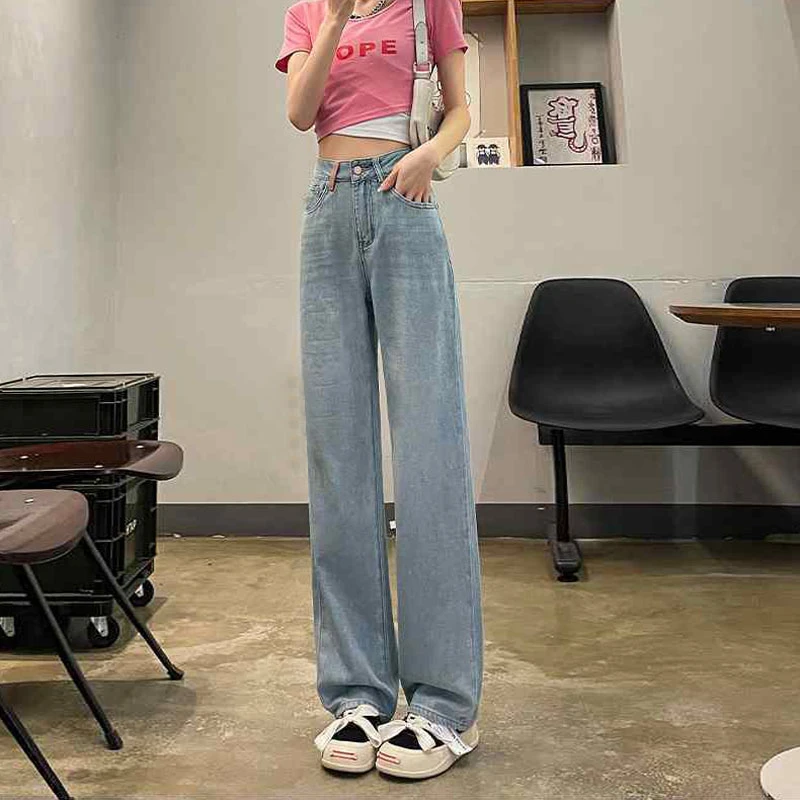 Pocket color collision embroidery design straight drag pants women's new summer and fall high-waisted wide-leg denim long pants