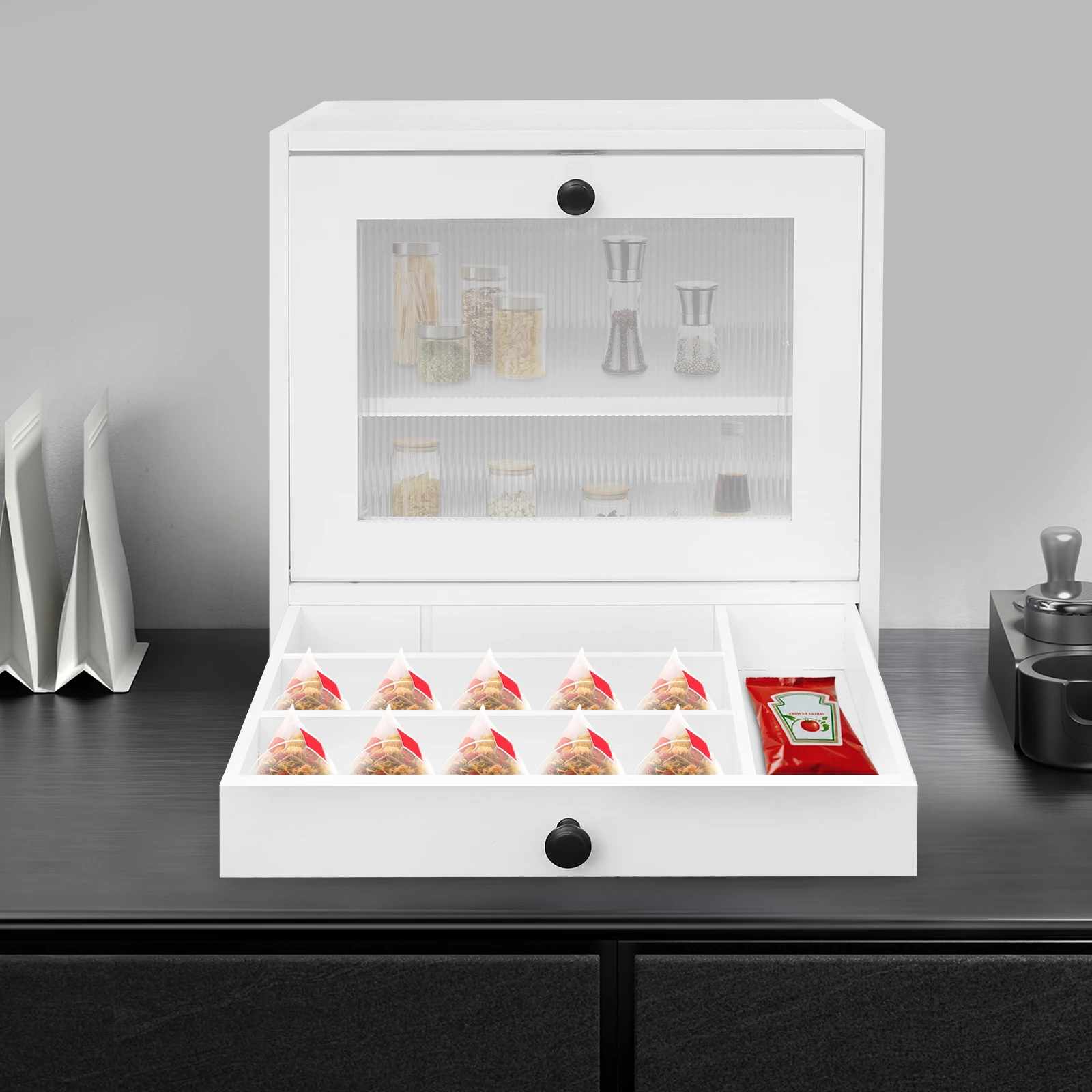 2-warstwowa biała drewniana szkatułka na chleb na blat kuchenny organizer na chleb 36,8*24 cm