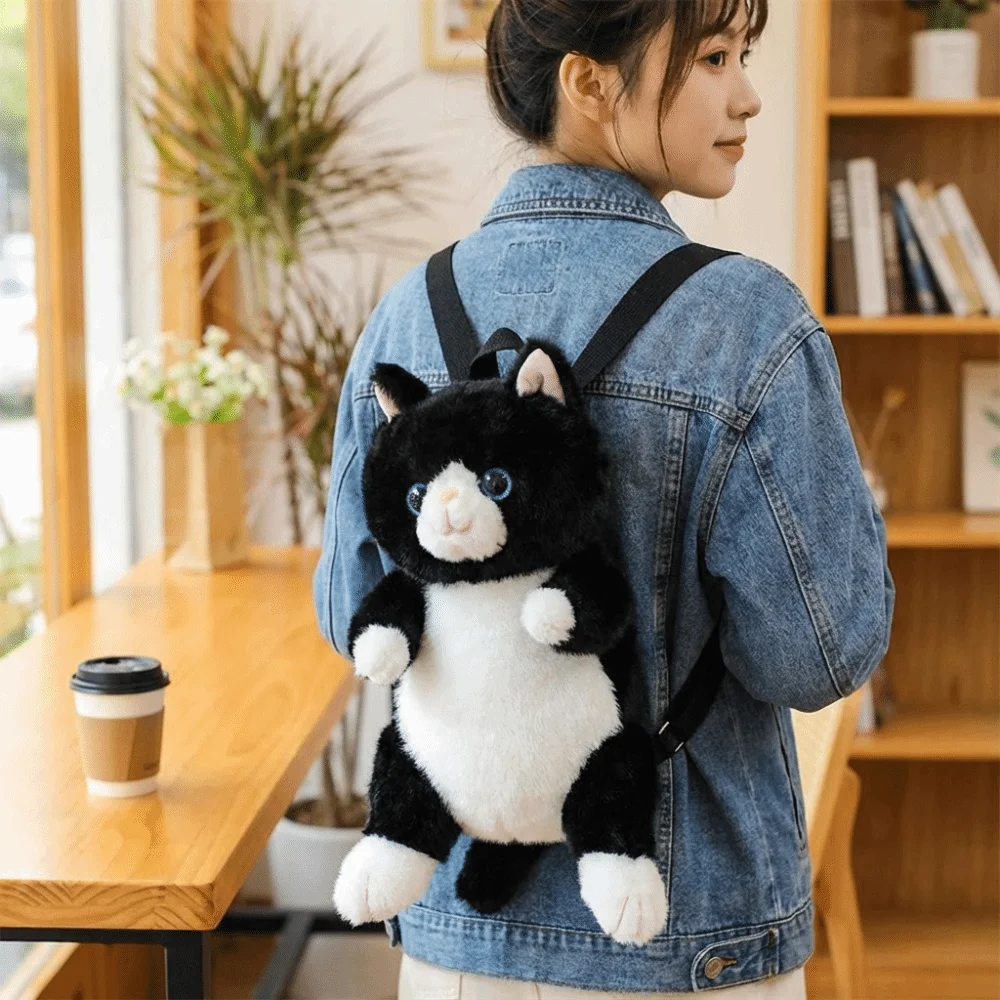 

Soft Cat Backpack Striped Pattern Lovable Stuffed Animal Daypack Fluffy Texture Sitting Pose Simulation Cat Bag Children Gift