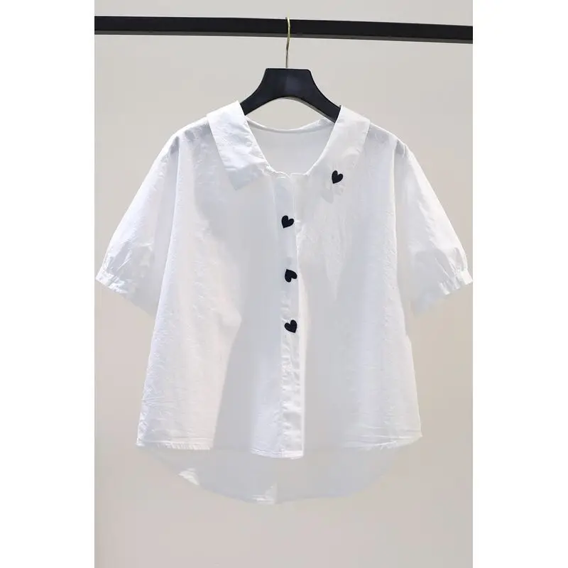 Polo francês bordado com coração feminino, branco, solto, blusa de manga curta, tendência do verão, camisa fina, moda verão, Y2K, 98% algodão