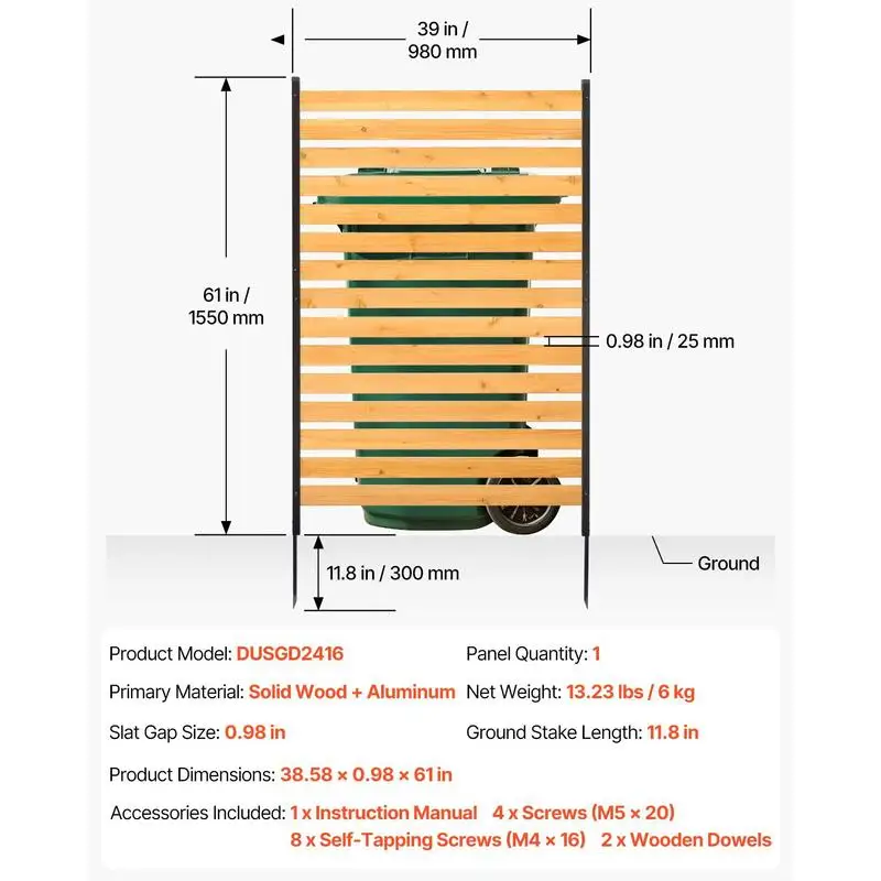 Wood Privacy Fence, 39" W x 61" L, 1-Panel Air Conditioner Fence Screen, Pool Equipment Enclosure with Metal Stakes, Easy DIY Installation, Outdoor Trash Can Hider for Garden Decoration view 2