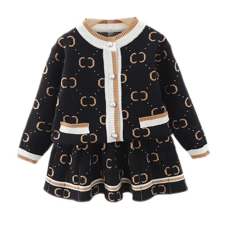 

Baby Girl Long Sleeve Knit Cardigan and Pleated Skirt Set Children's Autumn Cotton Sweater Top Dress Suit Jacket Coat Clothes