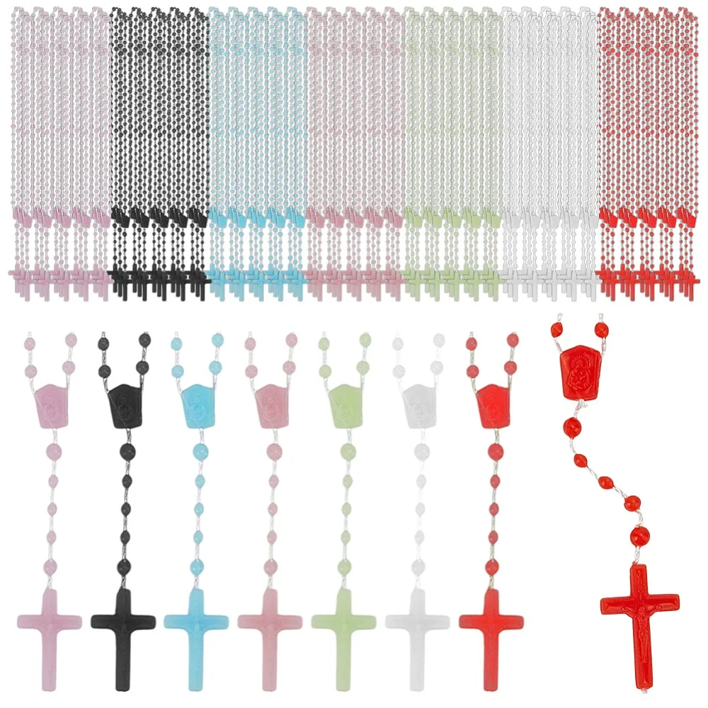 

96Pcs 6 Colors Polyester Resin Link Chain Rosary Bead Necklaces Luminous Virgin Pendant Necklaces Mixed Color 15.75 inch(40cm)