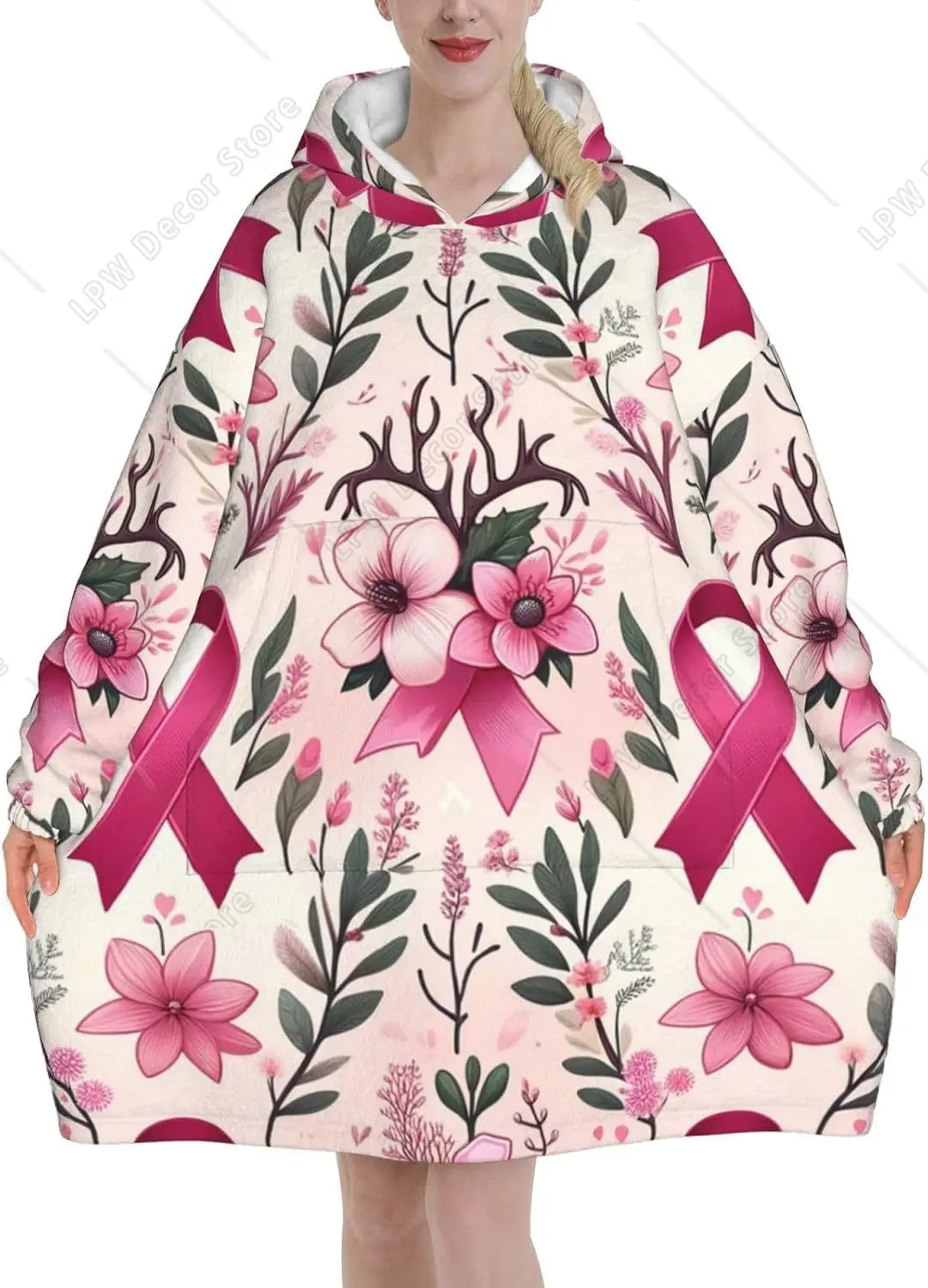 Oversized Adult Long Sleeve Flannel Hoodie Blanket Antlers Breast Cancer Soft Fuzzy Hooded Sweatshirt Lounging Pullover