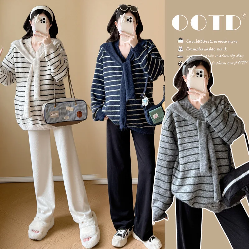 Maternity Set Autumn Winter Lazy Style Casual Loose Slim Versatile V Neck Shawl Striped Sweater And Wide Leg Pant For Pregnancy
