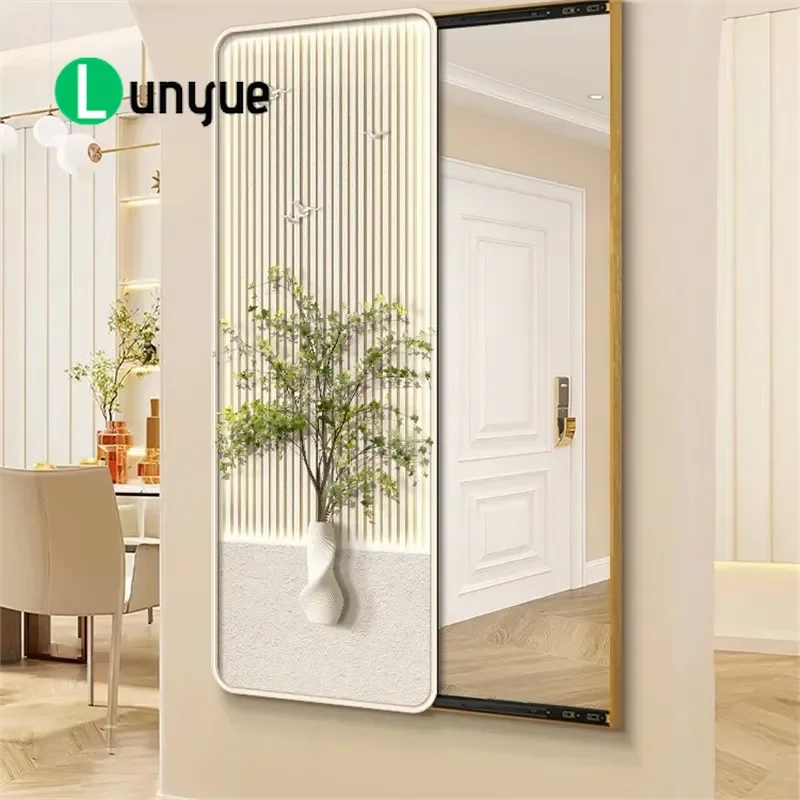 Nordic Cream Full Body Mirror Hidden Push Pull Fitting Wall Painting with Green Plant Decor for Bedroom Background Wall Art