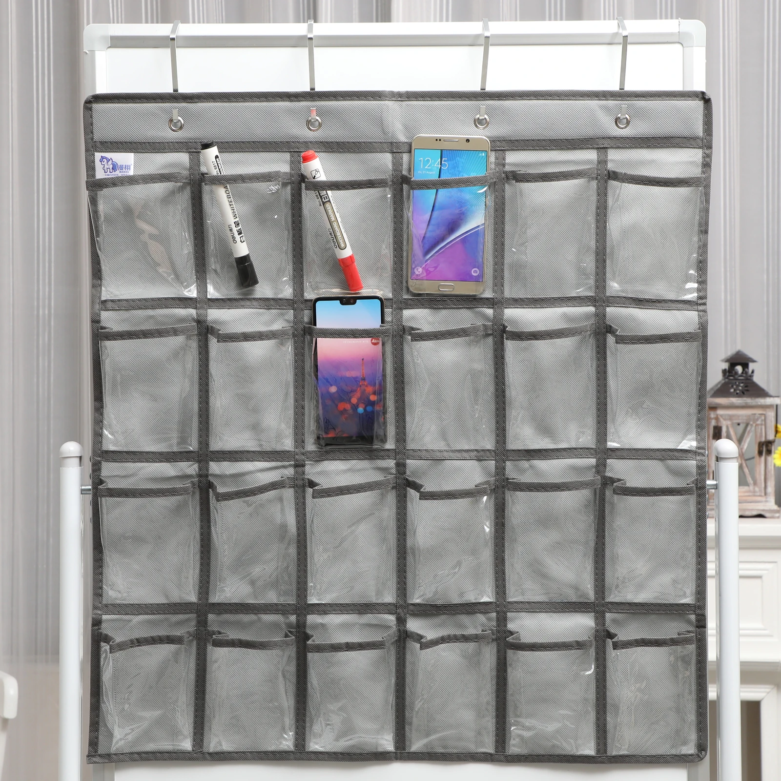 

24 Pockets Grey Border NonWoven Fabric Jewelry Display Bag Classroom Storage Organizer Wall Door Hanging Phone Holder