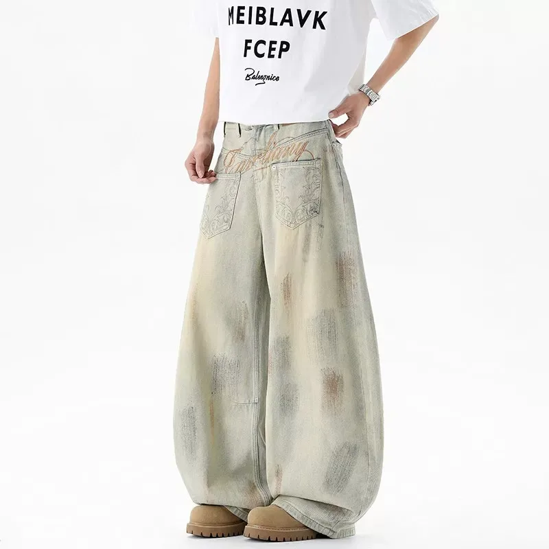WTHT Fashion Men Graffiti Letter Embroidery Do Old Design Denim Pants Vintage 2026 Summer High-waisted Wide Leg Jean Male 2A3216