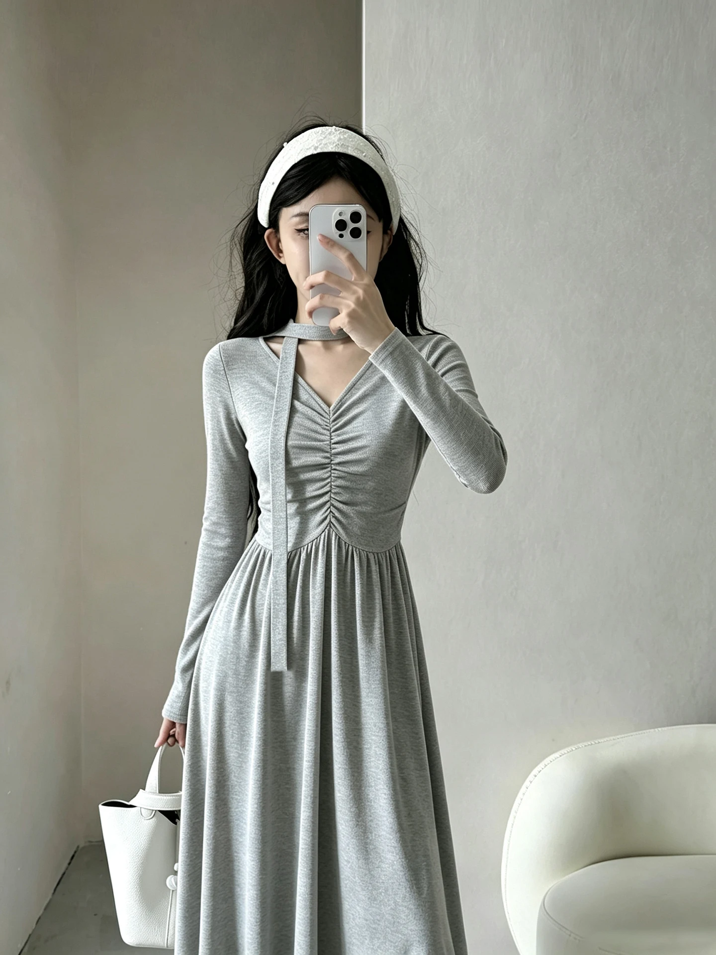 Elegant Gray Asymmetrical Shoulder Dress Women's Korean Style Sling Strap Long Skirt Waist Cinched Outing Street Fashion