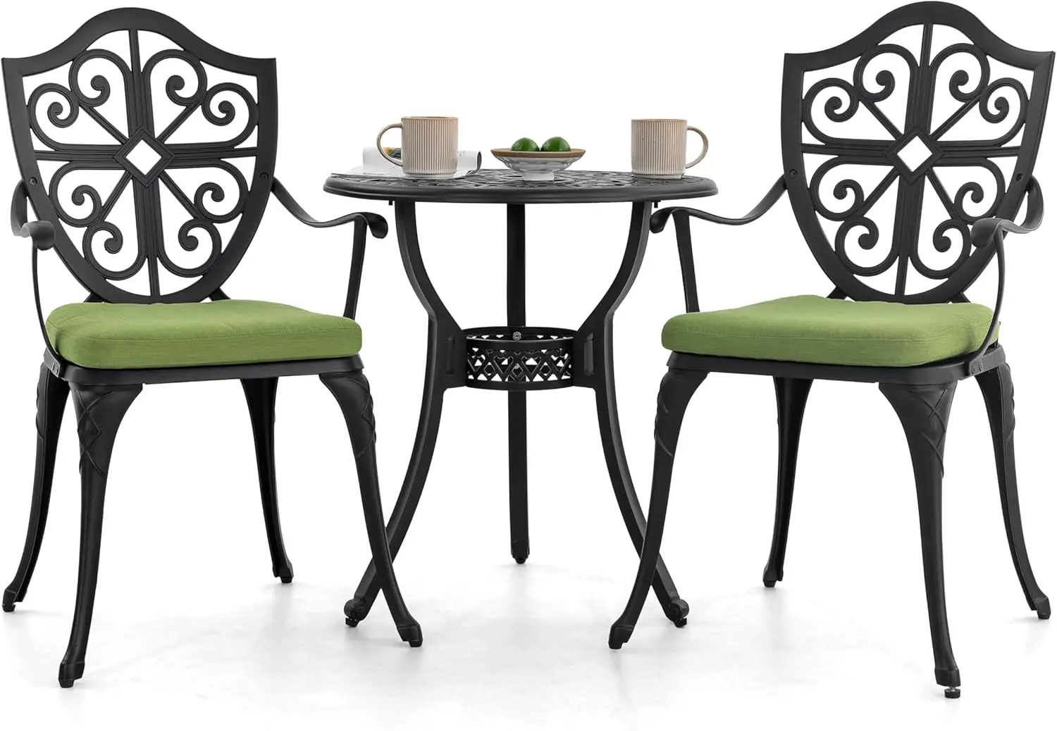 NUU GARDEN Bistro Set 3 Piece Outdoor, Cast Aluminum Patio Bistro Sets with Umbrella Hole and Green Cushions, Bistro Table and C