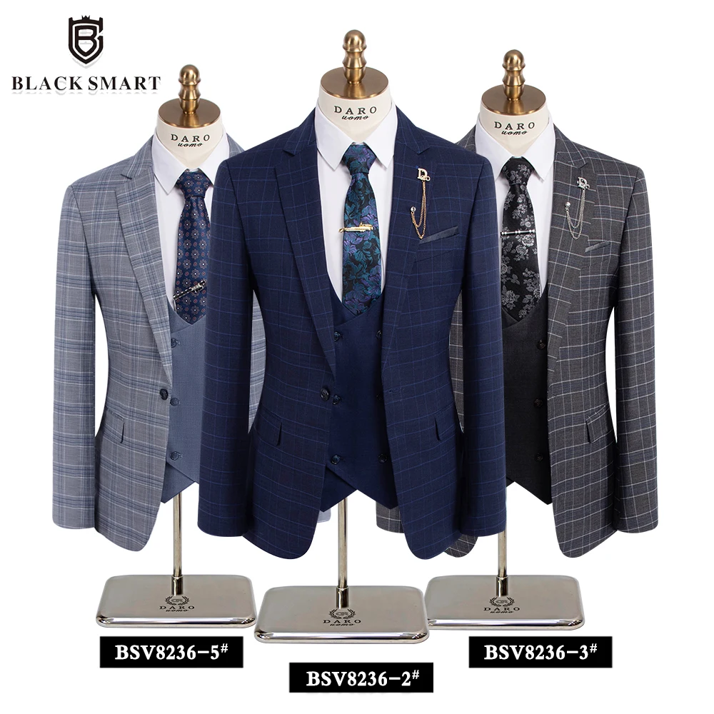 Traje de negocios Formal para hombre, conjunto de 3 piezas, chaqueta, chaleco y pantalones, a cuadros, para novio, V8236