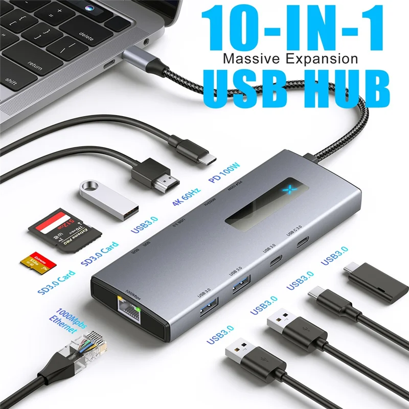 ABKQ-10-In-1 Тип-C-концентратор 4K 60 Гц USB C-концентратор типа C к порта Ethernet PD 100 Вт USB 3.0 Концентратор SD/TF Слот для карт для ноутбука-планшета