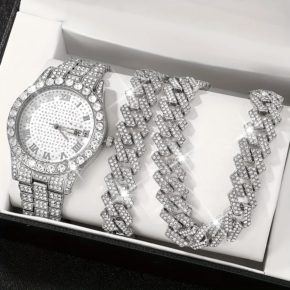 

3pcs/set, Fashionable Pointer Style Men's Watch & Rhinestone Accessories Set, Holiday Gift