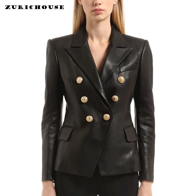 

Faux Leather Jacket Women Metal Lion Bottons Slim Outerwear Business Lady Soft PU Leather Blazer Coat Jaqueta De Couro Feminina