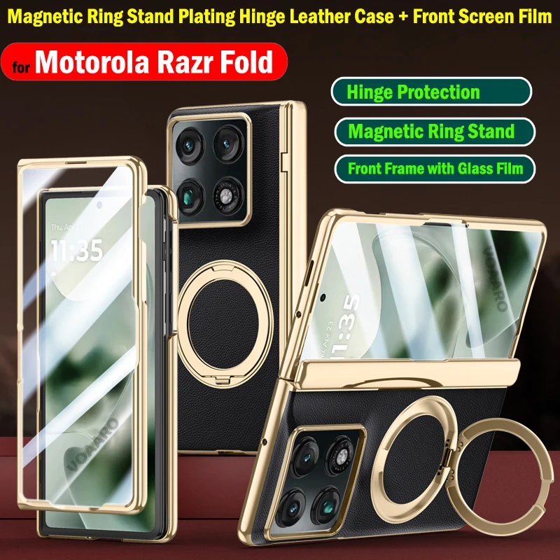 

Plating Hinge Leather Funda for Motorola Razr Fold Case Rotate Magnetic Ring Stand Cover Front Frame with Glass Film Protector