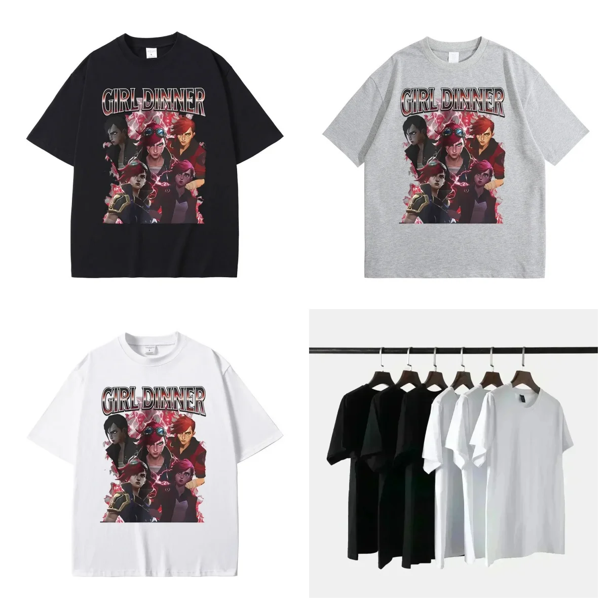 Camisetas gráficas de Anime Vi Arcane Girl Dinner para hombre, camiseta para fanáticos del juego Otaku, camiseta informal de algodón de manga corta de gran tamaño para hombre y mujer