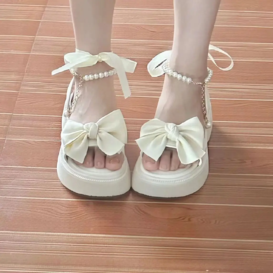 Comfort Shoes for Women Pearl Sandals Suit Female Beige Increasing Height Block Heels All-Match Black Bow 2024 Fashion Chunky Gi